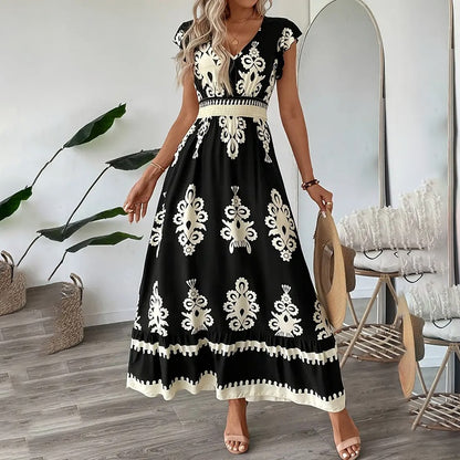 Robe longue d'été fluide pour femme, décontractée, manches courtes, col en V, taille smockée, robe de plage 