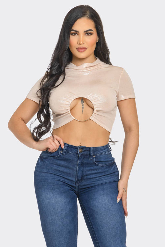 Slinky Foil Front O-Ring Cut Out Shirring Top