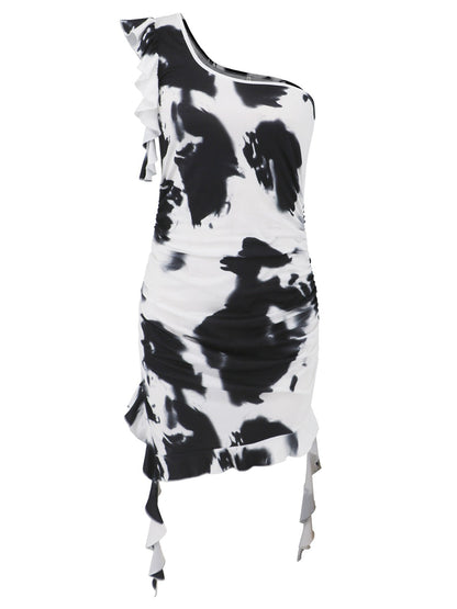 Vestido mini de un solo hombro con volantes y efecto tie-dye