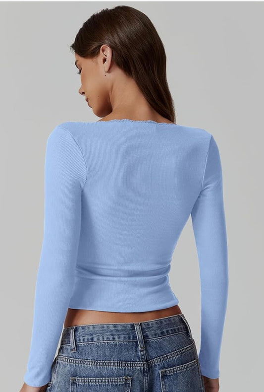 Chemise sexy à manches longues et col rond pour femme, coupe slim en dentelle côtelée