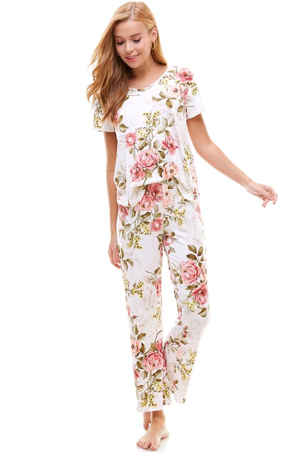 Ensemble de vêtements d'intérieur pour femme à manches courtes et pantalon à fleurs