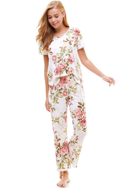 Ensemble de vêtements d'intérieur pour femme à manches courtes et pantalon à fleurs