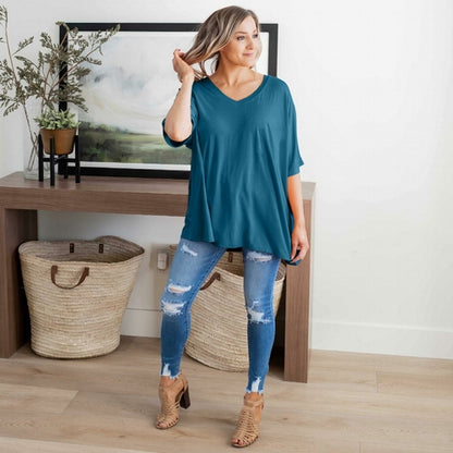 Haut Dolman en rayonne Luxe à manches mi-longues et col en V