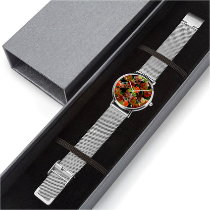 Reloj de cuarzo ultrafino de acero inoxidable con calaveras florales de Jacki Easlick