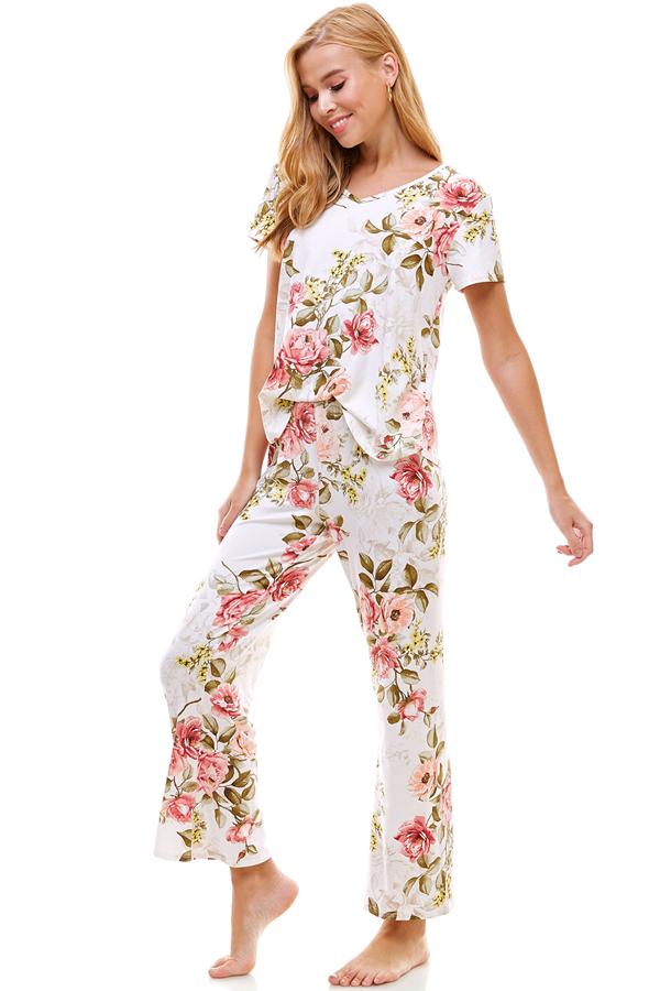 Ensemble de vêtements d'intérieur pour femme à manches courtes et pantalon à fleurs