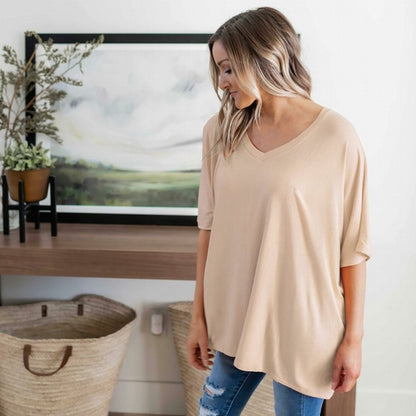 Haut Dolman en rayonne Luxe à manches mi-longues et col en V