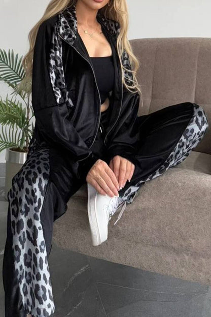 Ensemble haut et pantalon zippé léopard à col montant, grande taille