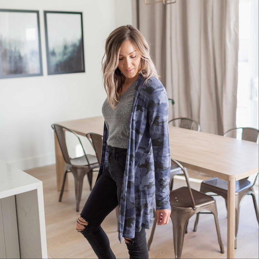 Camouflage Mid-thigh Slouchy Pocket Open Cardigan