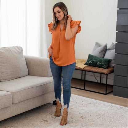 Woven Wool Peach Ruffled Sleeve High-low Top