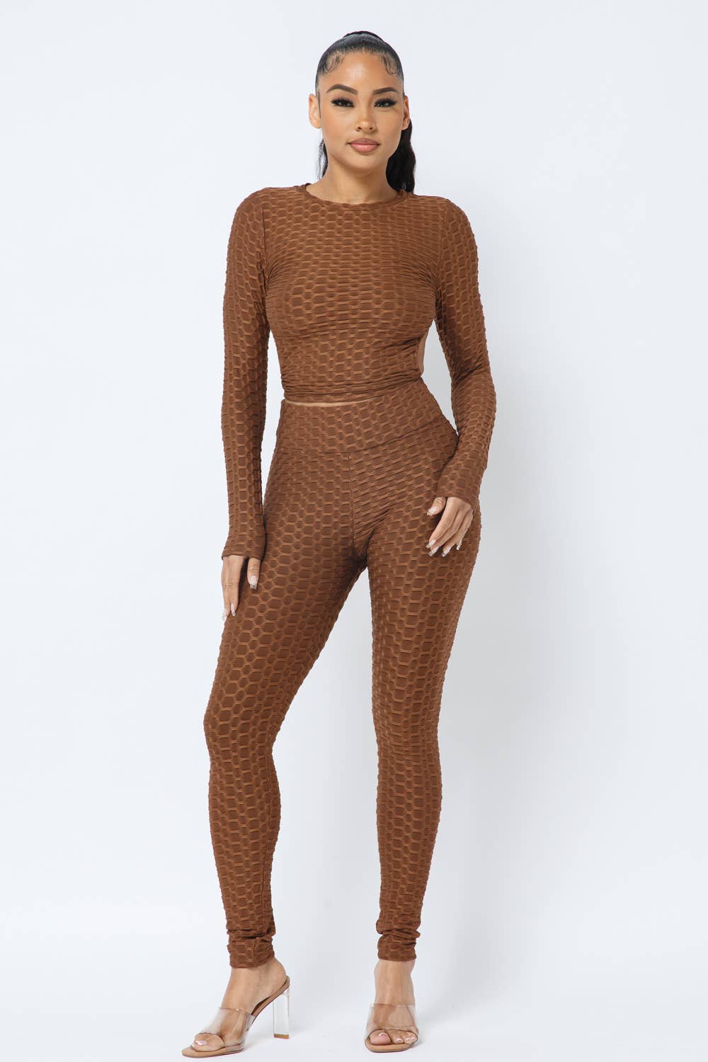 Ensemble haut et leggings à dos ouvert en nid d'abeille
