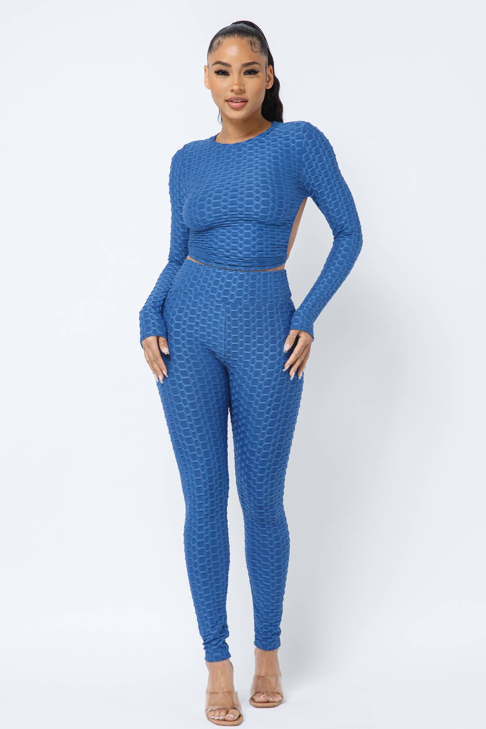 Ensemble haut et leggings à dos ouvert en nid d'abeille