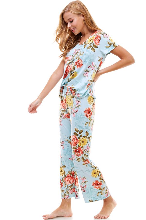 Ensemble de vêtements d'intérieur pour femme à manches courtes et pantalon à fleurs
