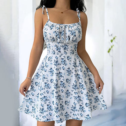 Robe courte fleurie à bretelles spaghetti sans manches, épaules nouées, volants, style bohème d'été