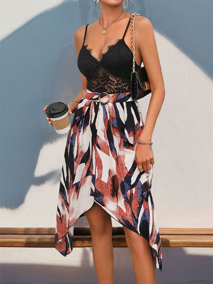 Vestido de cuello en V con estampado de patchwork de encaje