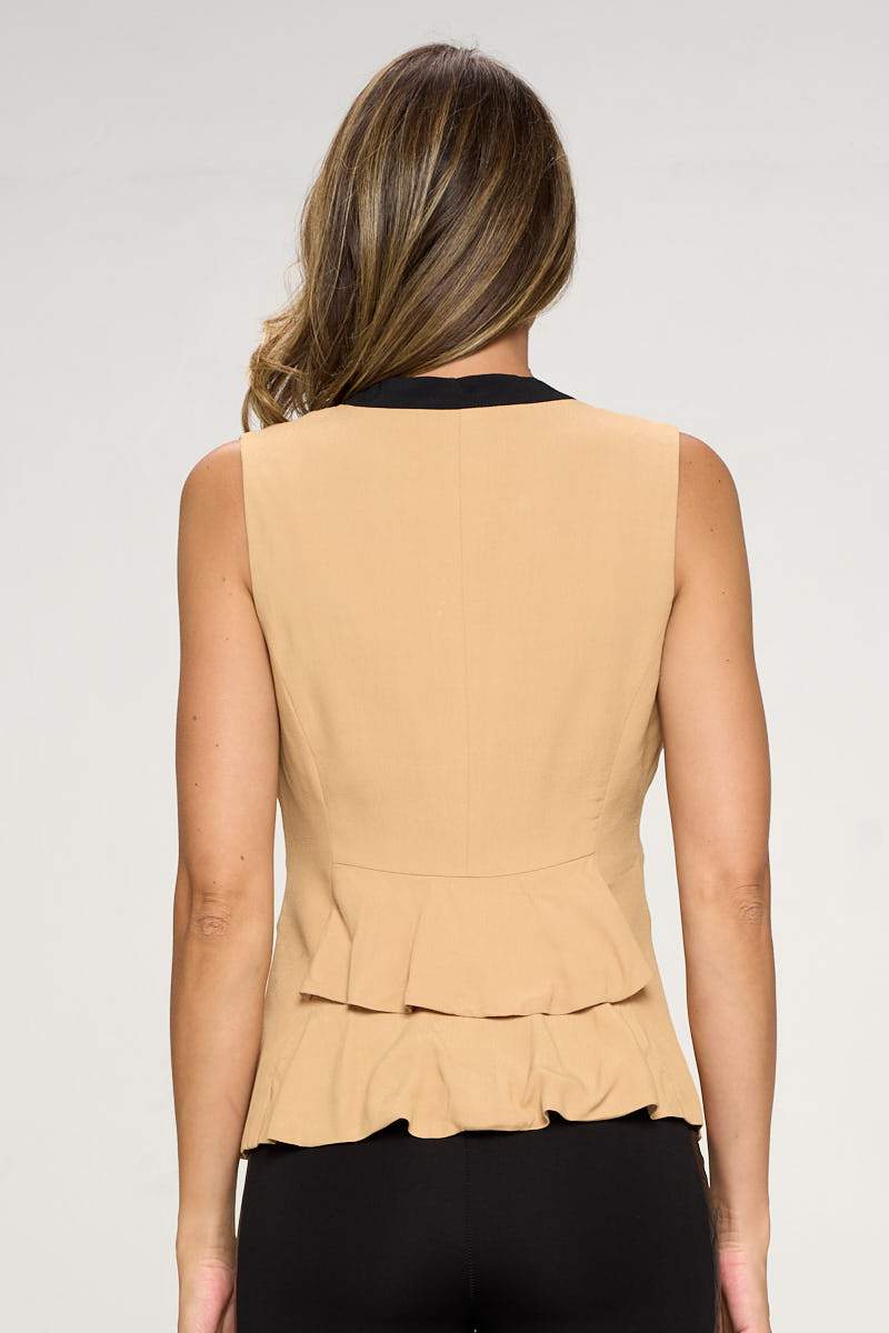 Gilet blazer sans manches à un bouton avec revers contrastés