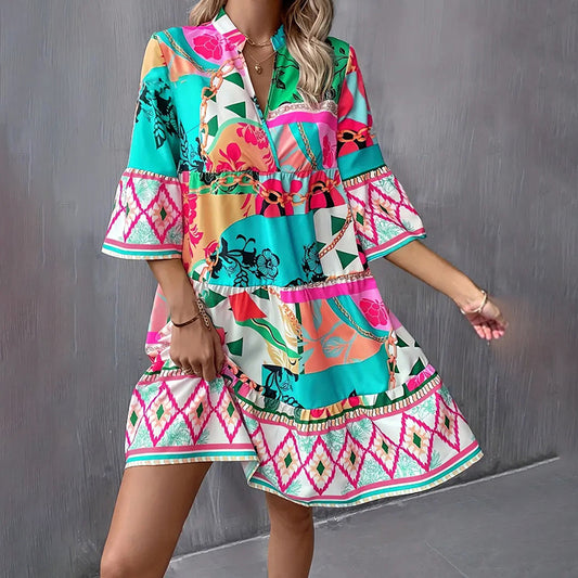 Vestido corto informal de mujer con escote en V, estampado, mangas acampanadas, plisado, para playa
