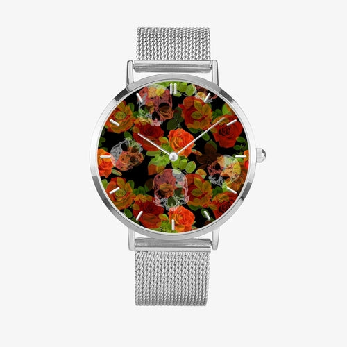 Reloj de cuarzo ultrafino de acero inoxidable con calaveras florales de Jacki Easlick