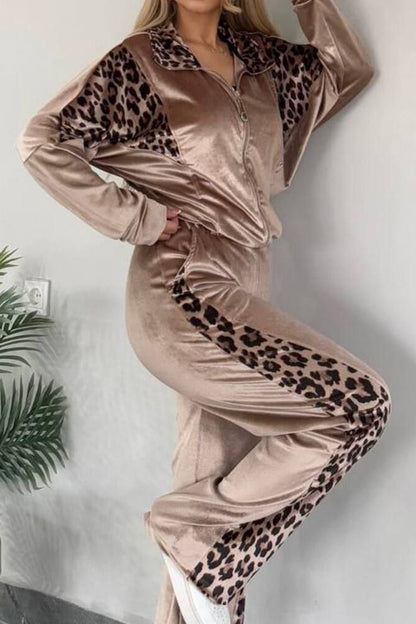 Ensemble haut et pantalon zippé léopard à col montant, grande taille