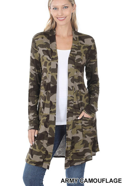 Camouflage Mid-thigh Slouchy Pocket Open Cardigan