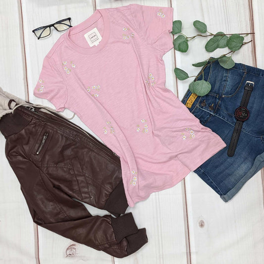 Slub S Sleeve T Shirts With Flower Emb