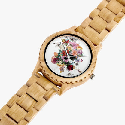 Reloj de madera de olivo italiano con calavera floral de Jacki Easlick