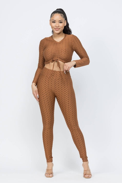 Conjunto de top y leggings con lazo fruncido en nido de abeja