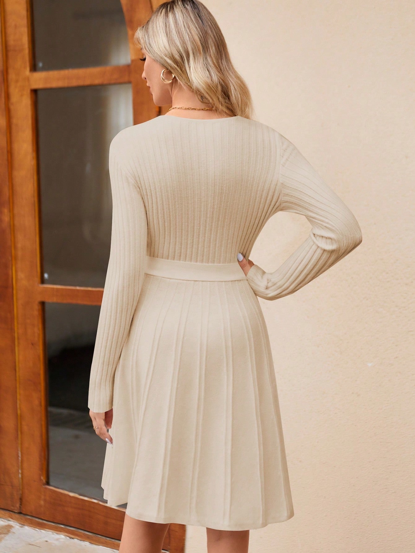 Vestido de punto cruzado de manga larga para mujer