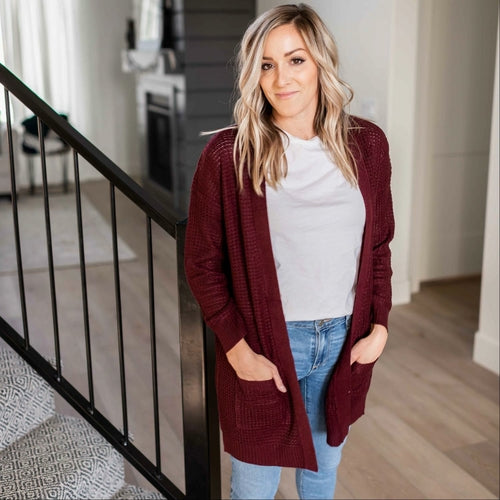 Pull cardigan ouvert à manches longues et poches en tricot gaufré