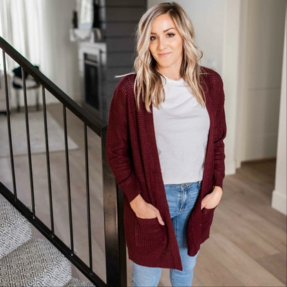 Pull cardigan ouvert à manches longues et poches en tricot gaufré