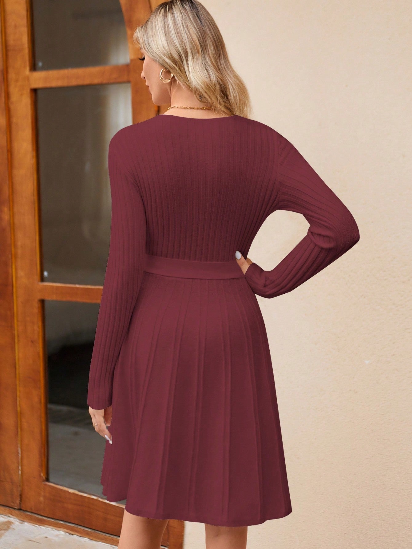 Vestido de punto cruzado de manga larga para mujer