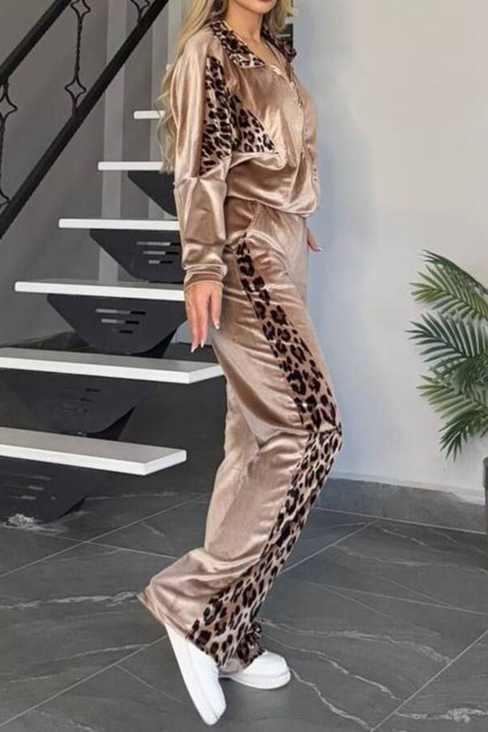 Ensemble haut et pantalon zippé léopard à col montant, grande taille