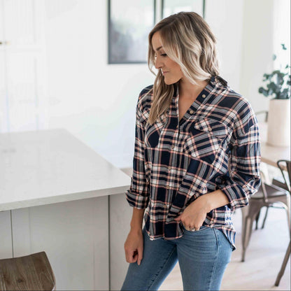 Double Flap Pocket Button-up Plaid Shirt With Roll-up Long Sleeves