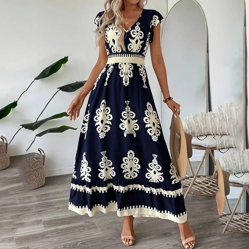Robe longue d'été fluide pour femme, décontractée, manches courtes, col en V, taille smockée, robe de plage 