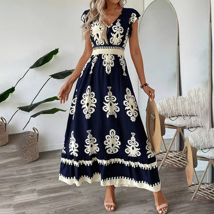 Robe longue d'été fluide pour femme, décontractée, manches courtes, col en V, taille smockée, robe de plage 