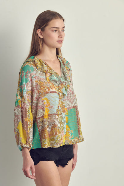 Blusa de patchwork con cuello en V y volantes