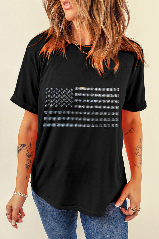Camiseta de manga corta con cuello redondo y bandera estadounidense con diamantes de imitación