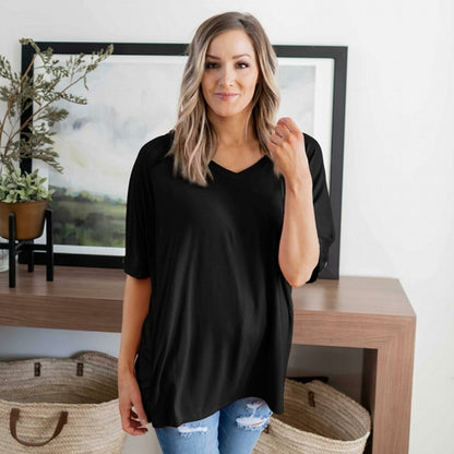 Haut Dolman en rayonne Luxe à manches mi-longues et col en V