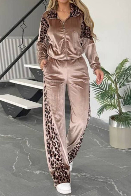 Ensemble haut et pantalon zippé léopard à col montant, grande taille