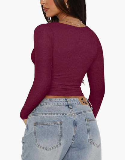 Chemises sexy à manches longues et col en V pour femmes, doublées, ajustées et tendance
