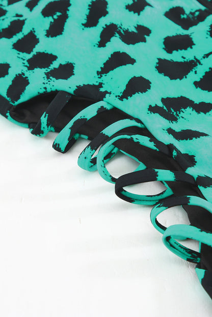 Traje de baño Rash Guard con cremallera y estampado de leopardo verde 