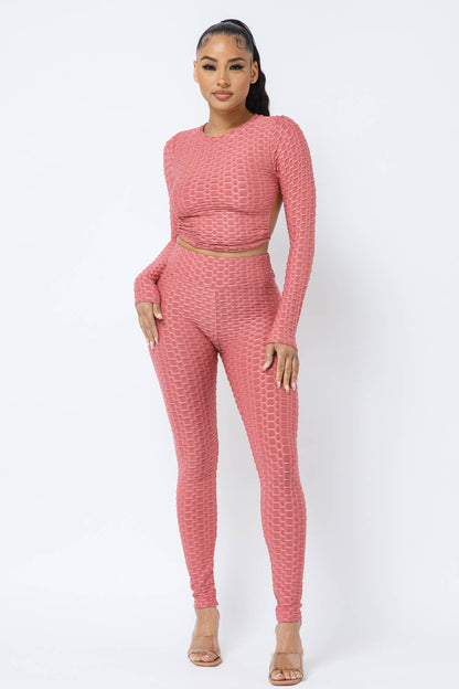 Ensemble haut et leggings à dos ouvert en nid d'abeille