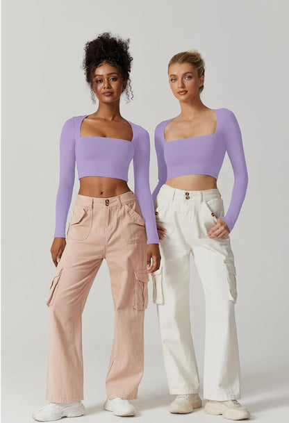 T-shirt court sexy à col carré et manches longues pour femme, coupe slim