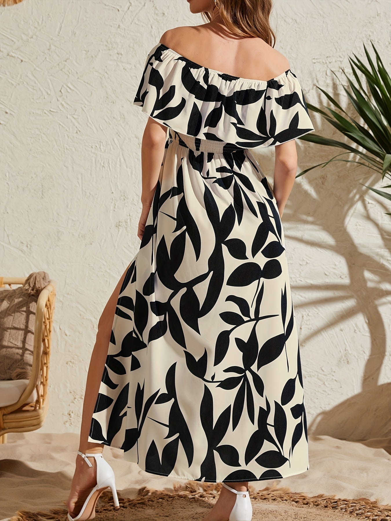 Vestido elegante de un solo hombro con abertura para mujer: vestido largo fluido y elegante para vacaciones y fiestas. 