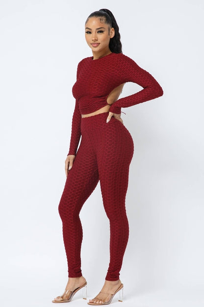 Ensemble haut et leggings à dos ouvert en nid d'abeille