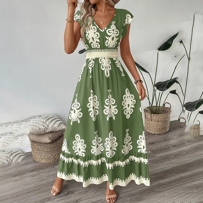 Robe longue d'été fluide pour femme, décontractée, manches courtes, col en V, taille smockée, robe de plage 