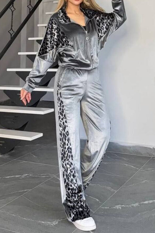 Ensemble haut et pantalon zippé léopard à col montant, grande taille