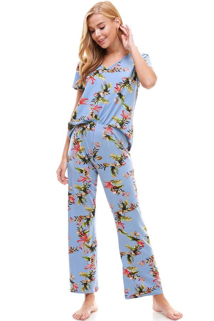 Ensemble de vêtements d'intérieur pour femme à manches courtes et pantalon à fleurs
