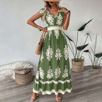 Robe longue d'été fluide pour femme, décontractée, manches courtes, col en V, taille smockée, robe de plage 