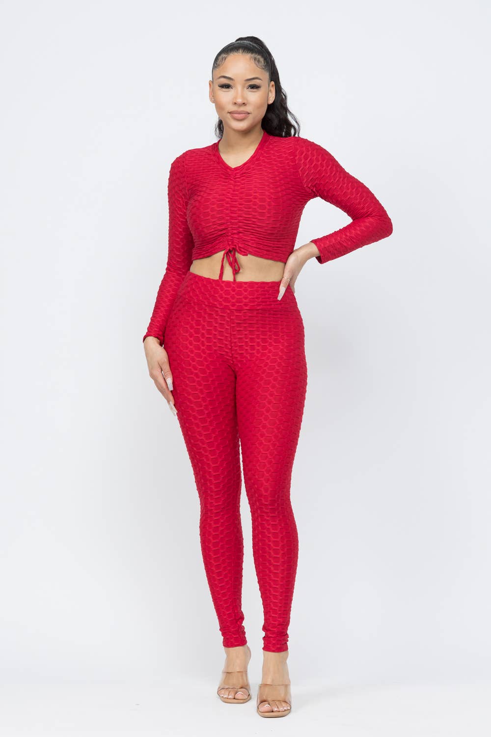 Conjunto de top y leggings con lazo fruncido en nido de abeja