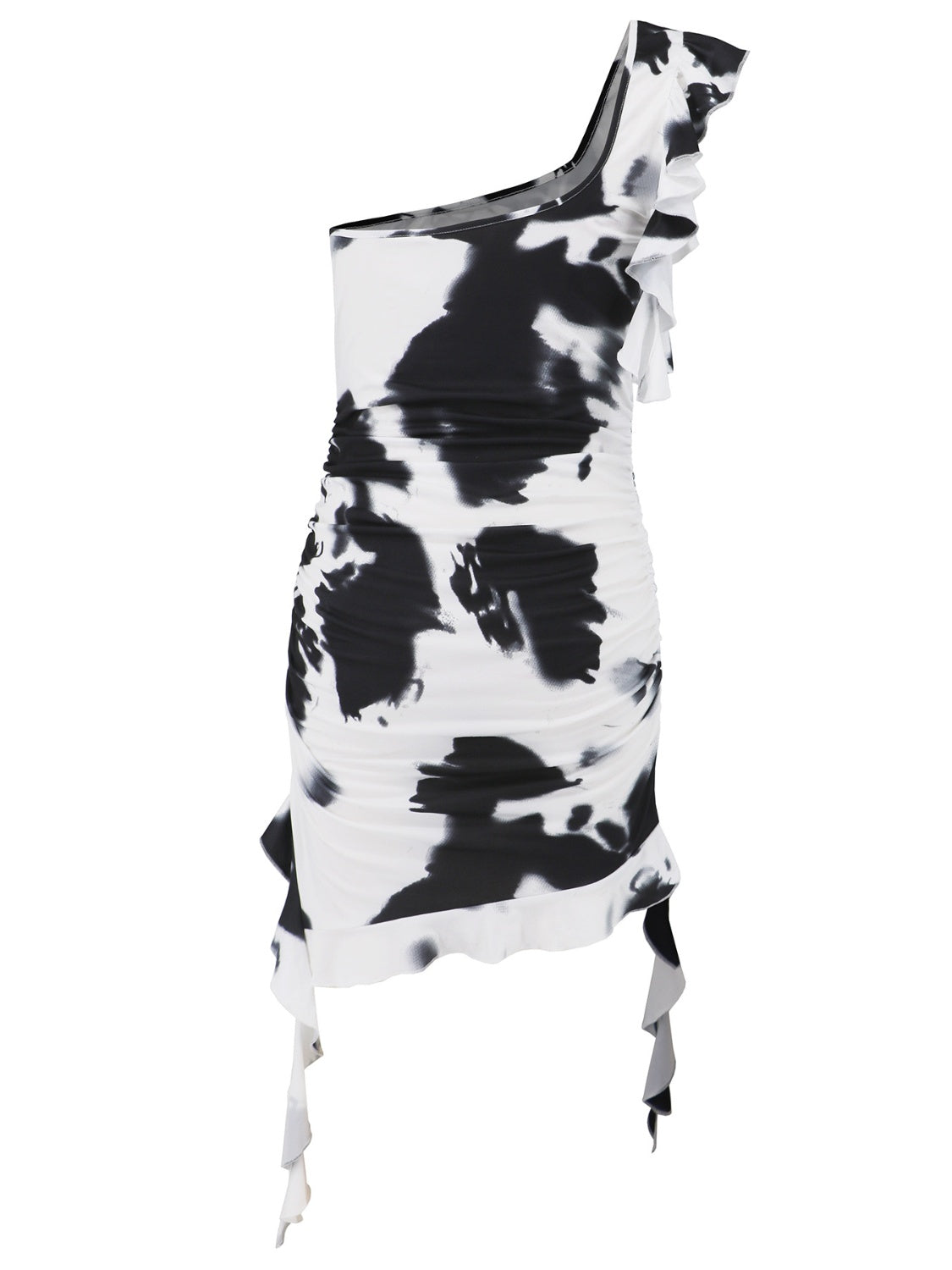 Vestido mini de un solo hombro con volantes y efecto tie-dye